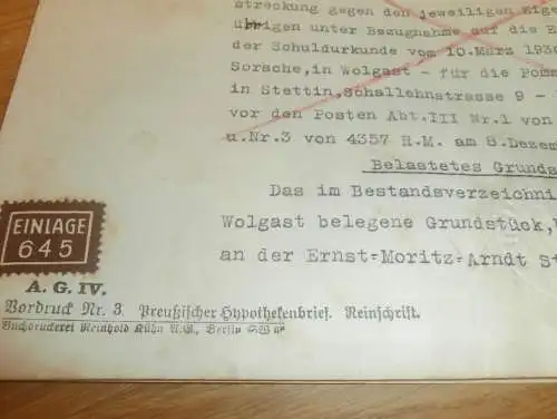 Hypothekenbrief Wolgast i. Mecklenburg 1930-1934 , Heimstätte Stettin i. Pommern , RAR !!