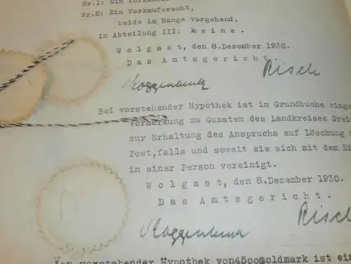 Hypothekenbrief Wolgast i. Mecklenburg 1930-1934 , Heimstätte Stettin i. Pommern , RAR !!