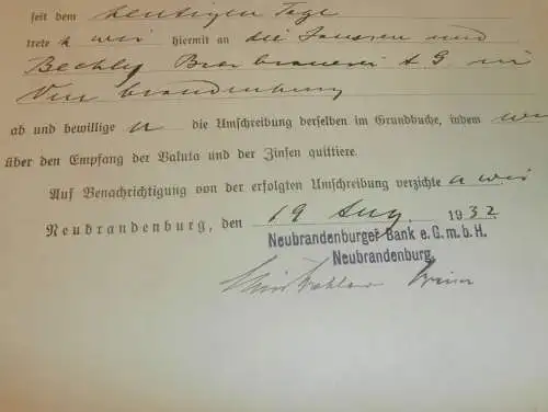 Abtretung Brauerei Janssen und Bechly in Neubrandenburg 1932 - Restaurateur Max Reinmann , Bank !!!