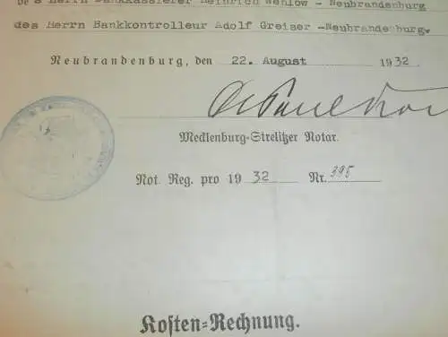 Abtretung Brauerei Janssen und Bechly in Neubrandenburg 1932 - Restaurateur Max Reinmann , Bank !!!