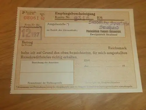alter Scheck , 1945 , Stralsund i. Mecklenburg , Provinzialbank Pommern , Sparkasse , Bank !!