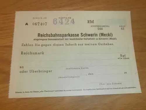 alter Scheck , ca. 1940 , Reichsbahn - Sparkasse Schwerin i. Mecklenburg, Sparkasse , Bank !!