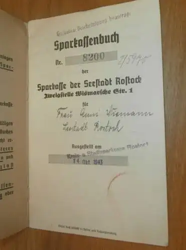altes Sparbuch Rostock , 1943 ,Anni Niemann in Rostock i. Mecklenburg , Sparkasse , Bank !!