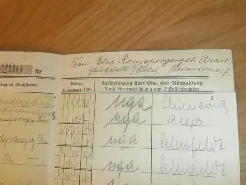 altes Sparbuch Rostock , 1942 - 1943 , Else Ramsperger geb. Quast in Glückstadt i. Holstein , Sparkasse , Bank
