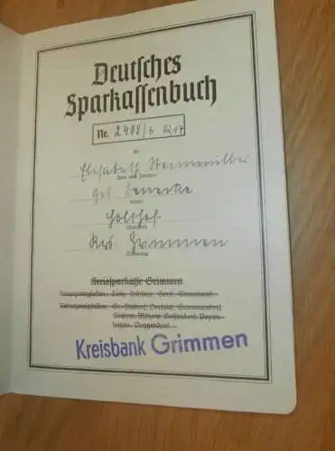 altes Sparbuch Grimmen , 1945 , E. Hainmüller geb. Lemcke in Holthof b. Grimmen i. Mecklenburg , Sparkasse , Bank