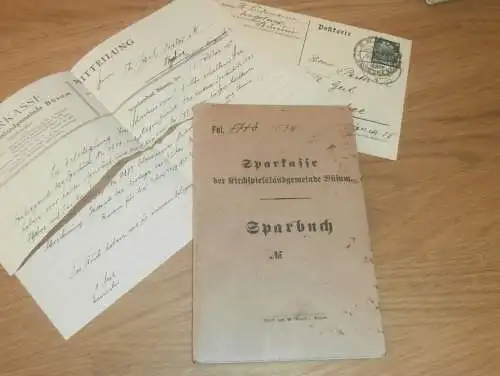 altes Sparbuch und Dokumente , Büsum 1915 - 1936 , August Geil in Groß Parin b. Schwartau, Sparkasse , Bank  !!!