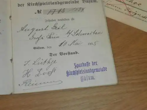 altes Sparbuch und Dokumente , Büsum 1915 - 1936 , August Geil in Groß Parin b. Schwartau, Sparkasse , Bank  !!!