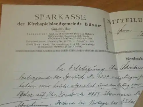 altes Sparbuch und Dokumente , Büsum 1915 - 1936 , August Geil in Groß Parin b. Schwartau, Sparkasse , Bank  !!!