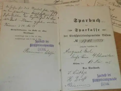 altes Sparbuch und Dokumente , Büsum 1915 - 1936 , August Geil in Groß Parin b. Schwartau, Sparkasse , Bank  !!!