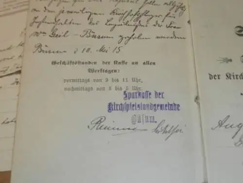 altes Sparbuch und Dokumente , Büsum 1915 - 1936 , August Geil in Groß Parin b. Schwartau, Sparkasse , Bank  !!!