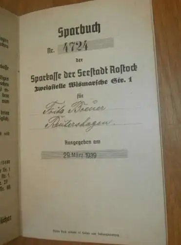 altes Sparbuch Rostock , 1939 - 1946 , Fritz Breuer in Rostock Reutershagen i. Mecklenburg , Sparkasse , Bank  !!!