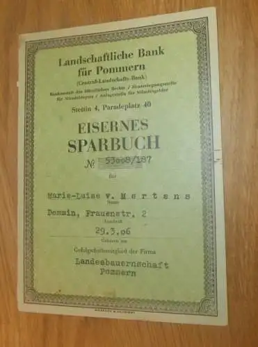 altes Sparbuch Stettin i. Pommern 1942-1943 , Marie-Luise von Mertens in Demmin i. Mecklenburg , Sparkasse , Bank  !!!