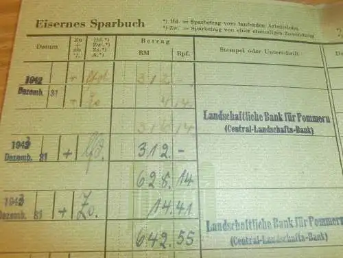 altes Sparbuch Stettin i. Pommern 1942-1943 , Marie-Luise von Mertens in Demmin i. Mecklenburg , Sparkasse , Bank  !!!