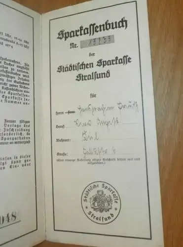 altes Sparbuch Stralsund , 1925 - 1946 , Hans Joachim Preuß in Stralsund / Kiel i. Mecklenburg , Sparkasse , Bank  !!!