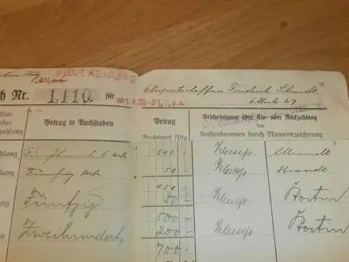 altes Sparbuch Rostock , 1925 - 1946 , Postschaffner Friedrich Schmidt in Rostock i. Mecklenburg , Sparkasse , Bank  !!!
