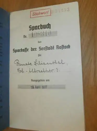 altes Sparbuch Rostock , 1937 - 1946 , Renate Lilienthal in Rostock i. Mecklenburg , Sparkasse , Bank  !!!