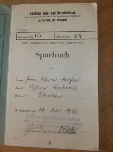 altes Sparbuch Verchen , 1937 - 1944 , Ulrich Meyer in Verchen b. Demmin i. Mecklenburg , Sparkasse , Bank  !!!