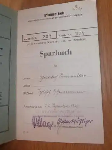 altes Sparbuch Anklam , 1936 - 1943 , Elisabeth Hainmüller in Holthof b. Grimmen i. Mecklenburg , Sparkasse , Bank  !!!