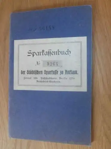altes Sparbuch Anklam , 1937 - 1945 , Tischlermeister Karl Jonas in Anklam i. Mecklenburg , Sparkasse , Bank  !!!