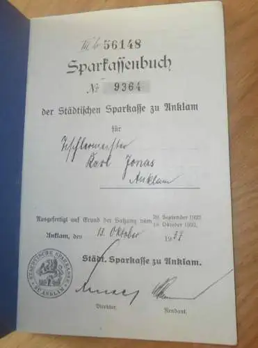 altes Sparbuch Anklam , 1937 - 1945 , Tischlermeister Karl Jonas in Anklam i. Mecklenburg , Sparkasse , Bank  !!!