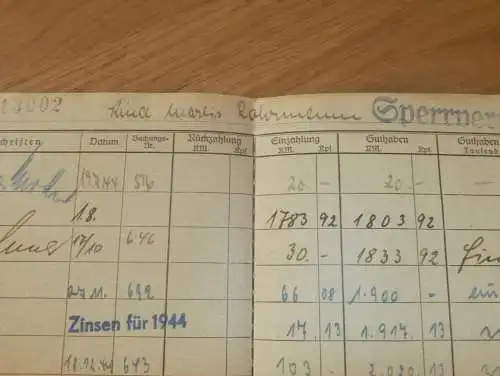 altes Sparbuch Barth , 1944 - April 1945 , Marlis Rohrmann in Zingst / Darß i. Mecklenburg , Sparkasse , Bank  !!!