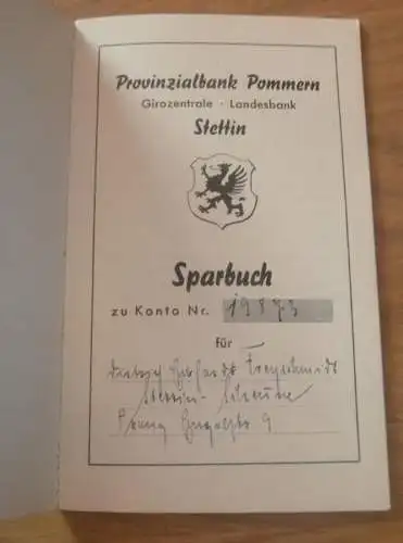 altes Sparbuch Stettin , 1939 , Dietrich Freyschmidt  in Stettin i. Pommern , Sparkasse , Bank  !!!