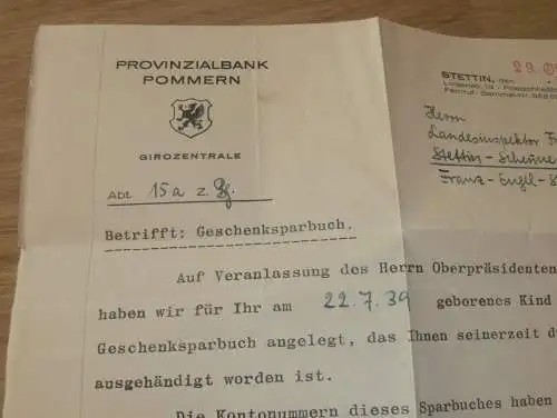 altes Dokument Stettin i. Pommern 1941 , Landesinspektor Freyschmidt , Provinzialbank Pommern , Sparkasse , Bank  !!!