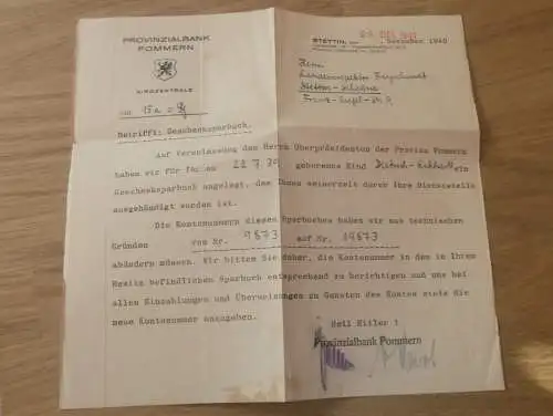 altes Dokument Stettin i. Pommern 1941 , Landesinspektor Freyschmidt , Provinzialbank Pommern , Sparkasse , Bank  !!!