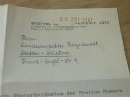 altes Dokument Stettin i. Pommern 1941 , Landesinspektor Freyschmidt , Provinzialbank Pommern , Sparkasse , Bank  !!!
