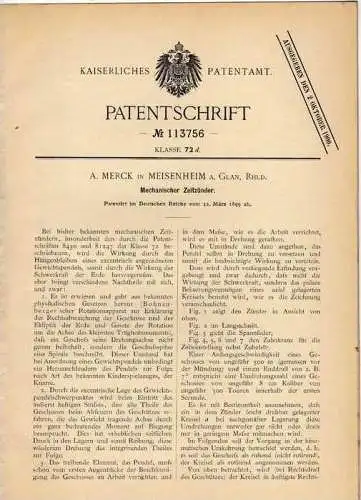 Original Patentschrift - A. Merck in Meisenheim a. Glan , 1899 , Zeitzünder für Geschosse !!!