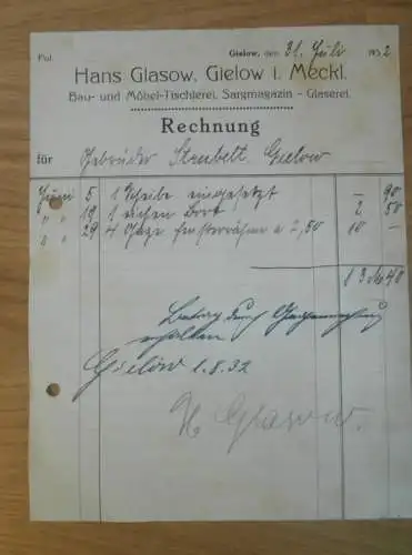 Hans Glasow in Gielow i. Mecklenburg , 1932 , Möbel-Tischlerei , Sargmagazin , Glaserei , alte Rechnung !!