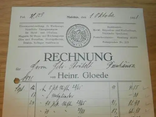 Heinrich Gloede in Malchin , 1931  , Eisenwaren , Strubelt in Gielow in Mecklenburg , altes Dokument !!!