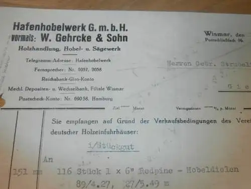 Hafenhobelwerk W. Gehrcke & Sohn in Wismar i. Mecklenburg , 1931 , Dampfsägewerk , Gielow , alte Rechnung  !!!