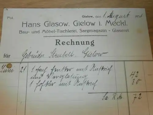 Hans Glasow in Gielow i. Mecklenburg , 1931 , Möbel-Tischlerei , Sargmagazin , Glaserei , alte Rechnung !!