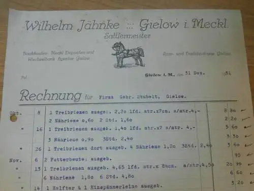 Sattlermeister Wilhelm Jähnke in Gielow i. Mecklenburg , 1931 , Sattler ,  Pferde , alte Rechnung  !!!