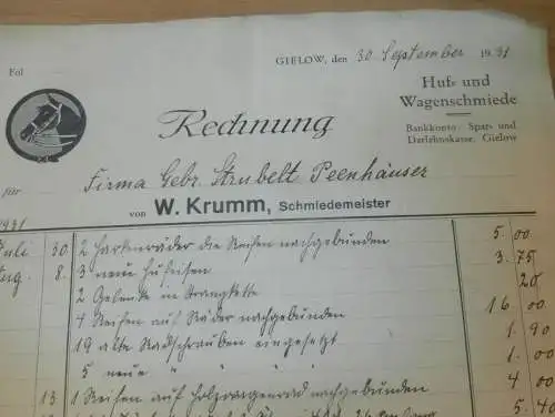 Schmiedemeister W. Krumm in Gielow i. Mecklenburg , 1931 , Huf- und Wagenschmied , Peenehäuser , alte Rechnung  !!!