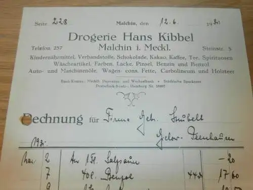 Drogerie Hans Kibbel in Malchin i. Mecklenburg , 1931 , Peenehäuser , alte Rechnung  !!!