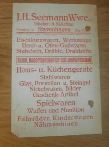 J.H. Seemann in Stavenhagen i. Mecklenburg , 1931 , B. Kronke , Eisenwaren Reklame , alte Rechnung  !!!