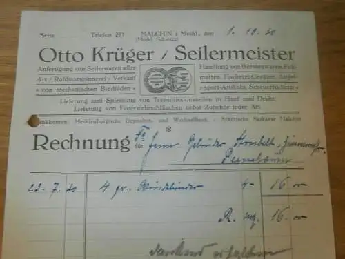 Seilermeister Otto Krüger in Malchin i. Mecklenburg , 1930 , Peenehäuser , Feuerwehrschläuche , alte Rechnung  !!!