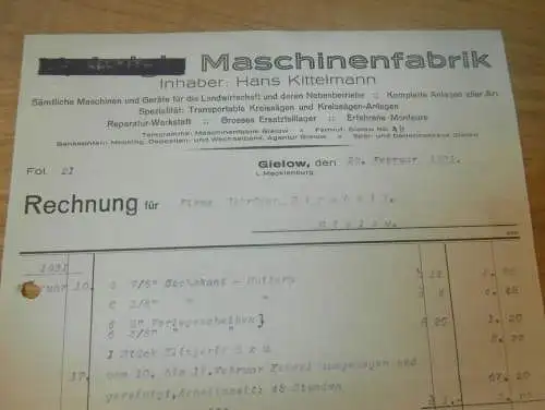 MAschinenfabrik Hans Kittelmann in Gielow i. Mecklenburg , 1931 , Maschinenbau , alte Rechnung  !!!