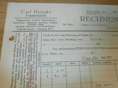 Fensterbau Carl Reincke in Malchin i. Mecklenburg , 1931 , Herkules-Fenster , Gielow , alte Rechnung  !!!