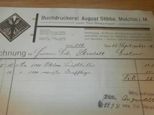 Druckerei August Stibbe in Malchin i. Mecklenburg , 1931 , Paul Böckenhagen , Gielow , alte Rechnung  !!!