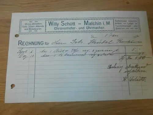 Willy Schütt in Malchin i. Mecklenburg , 1931 , Chronometer und Uhrmacher , alte Rechnung  !!!