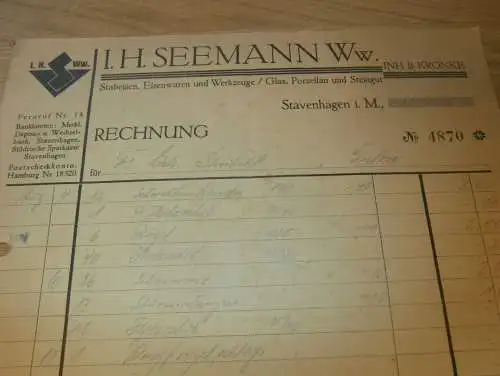 I.H. Seemann in Stavenhagen i. Mecklenburg , 1931 , B. Kronke , Porzellan , Steingut , alte Rechnung  !!!