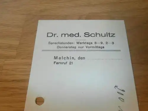 Dr. med Schultz in Malchin i. Mecklenburg , 1915 , Arzt , alter Beleg  !!!