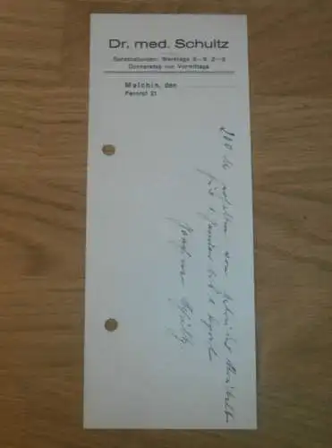 Dr. med Schultz in Malchin i. Mecklenburg , 1915 , Arzt , alter Beleg  !!!