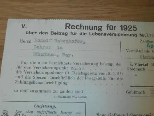 Rudolf Rabenhofer in Münchham b. Ering , 1926 , Versicherung , Simbach , Gothaer , alte Rechnung !!!