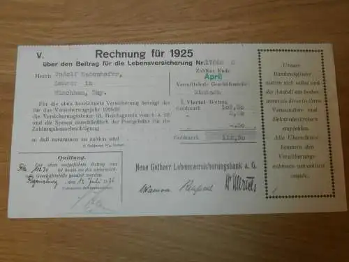 Rudolf Rabenhofer in Münchham b. Ering , 1926 , Versicherung , Simbach , Gothaer , alte Rechnung !!!