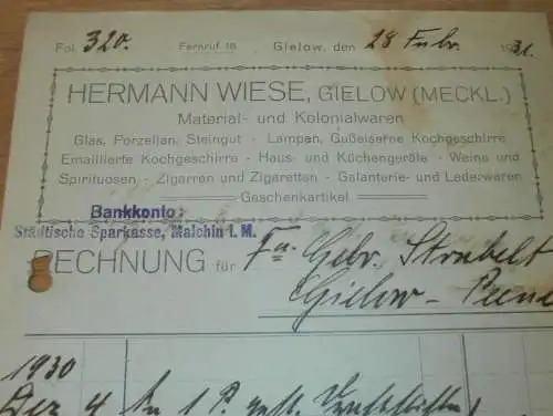 Hermann Wiese in Gielow in Mecklenburg , 1931 , Kolonialwaren , alte Rechnung !!!