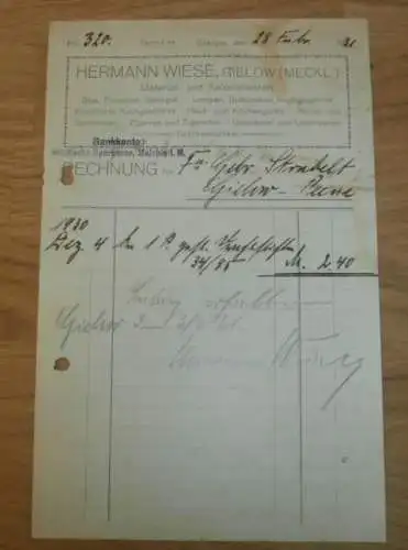 Hermann Wiese in Gielow in Mecklenburg , 1931 , Kolonialwaren , alte Rechnung !!!